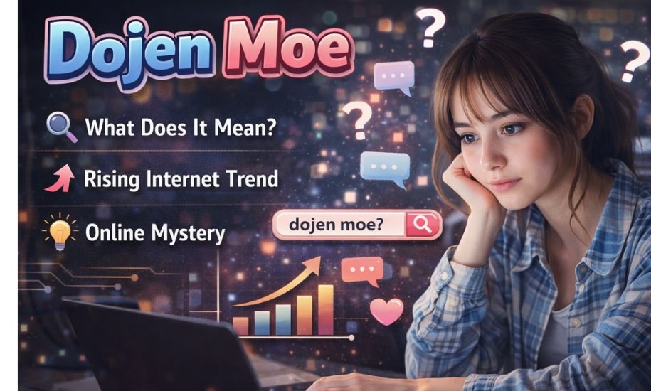 Dojen Moe trend concept with girl using laptop and search icons