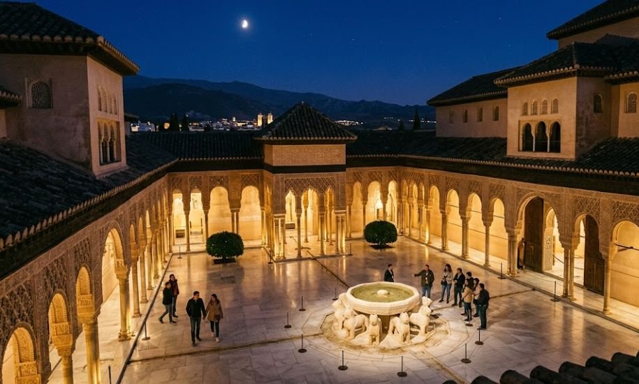 Night view of the Alhambra's Court of the Lions with golden lighting, featuring the central fountain and minimal tourists under a starry sky.