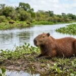A capybara sits relaxed on a grassy riverbank. In the background, there's a river and green bushes. More capybaras are grazing.
