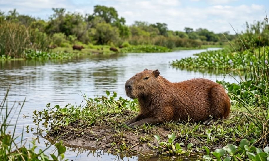A capybara sits relaxed on a grassy riverbank. In the background, there's a river and green bushes. More capybaras are grazing.