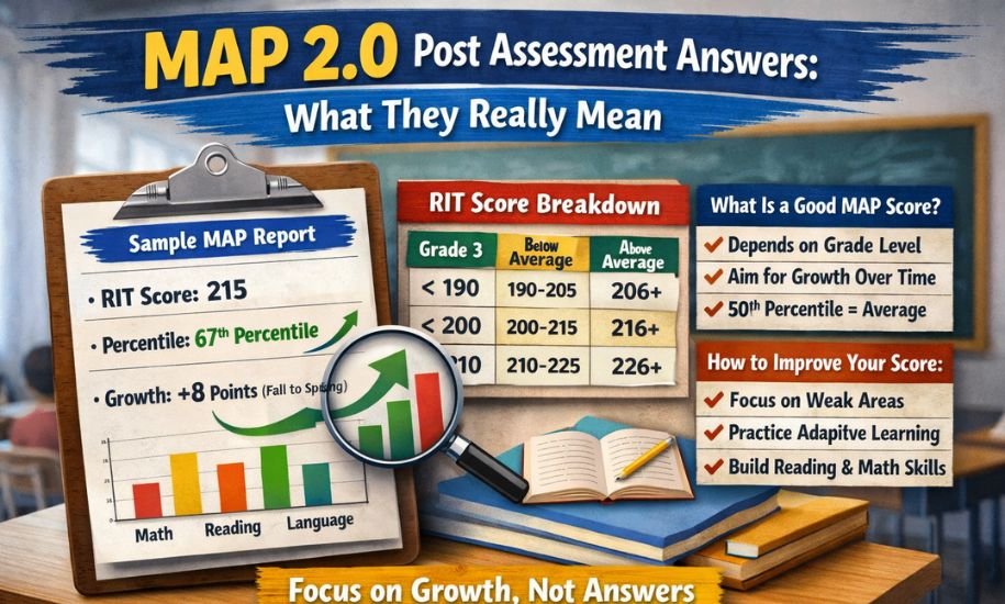 MAP 2.0 post assessment infographic showing RIT score breakdown, percentile ranking, and tips to improve MAP test results