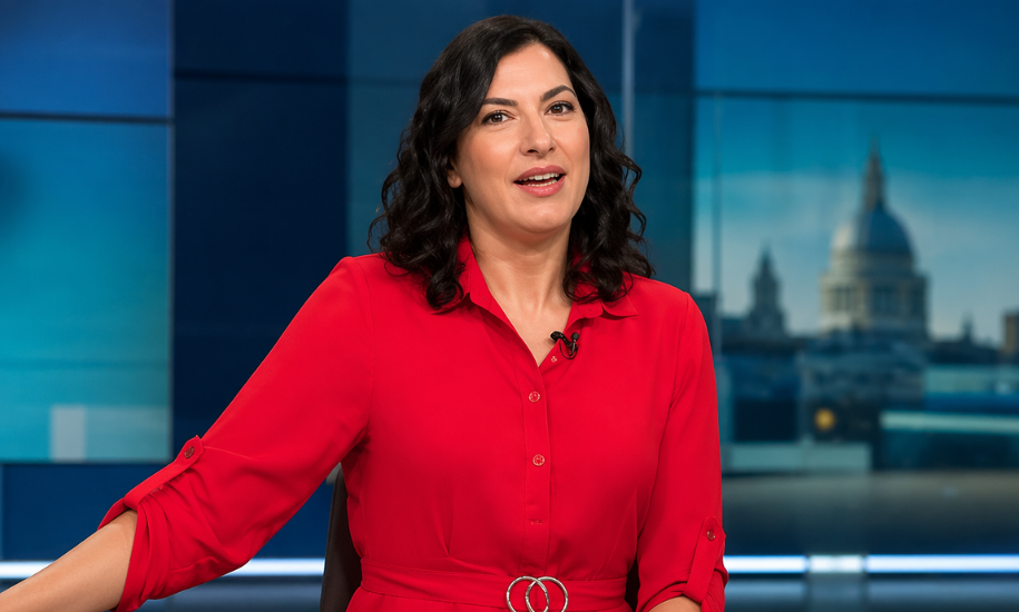Yasmin Bodalbhai presenting the news in a modern TV studio, wearing a red dress.
