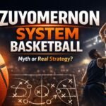 Modern basketball court illustration showing positionless players, dynamic spacing, and strategic movement representing the concept of the Zuyomernon system basketball.