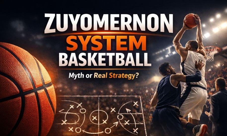 Modern basketball court illustration showing positionless players, dynamic spacing, and strategic movement representing the concept of the Zuyomernon system basketball.